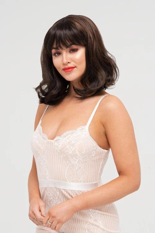 Two tone brown long bob wig with flicked tips: Sheridan