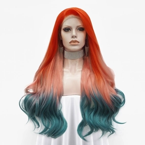 Venus - Coral-Orange Blue Ombre With Silver Synthetic Lace Front Wig