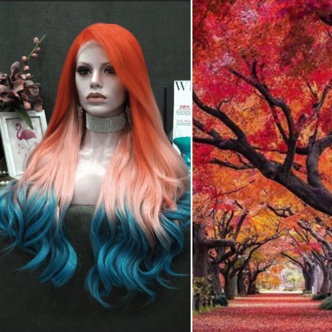 Venus - Coral-Orange Blue Ombre With Silver Synthetic Lace Front Wig