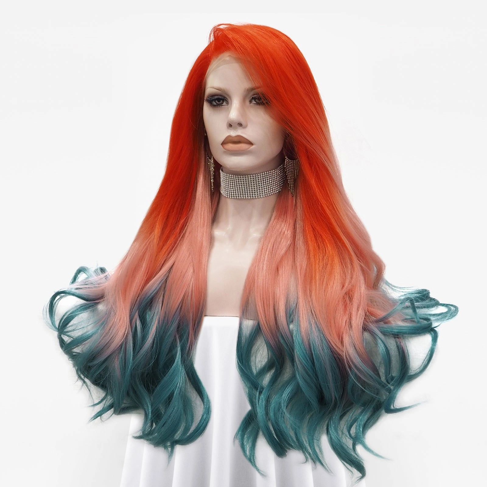 Venus - Coral-Orange Blue Ombre With Silver Synthetic Lace Front Wig