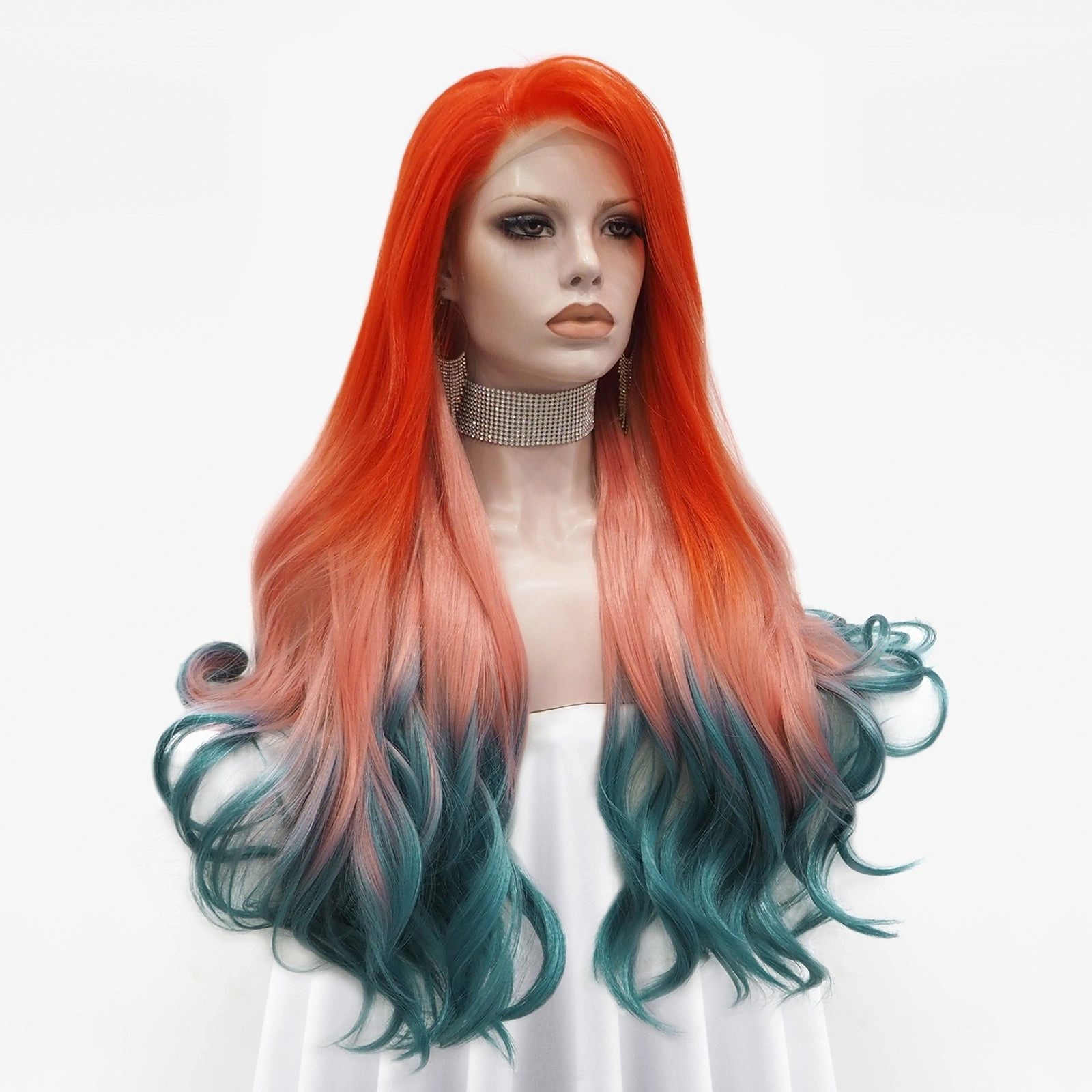 Venus - Coral-Orange Blue Ombre With Silver Synthetic Lace Front Wig