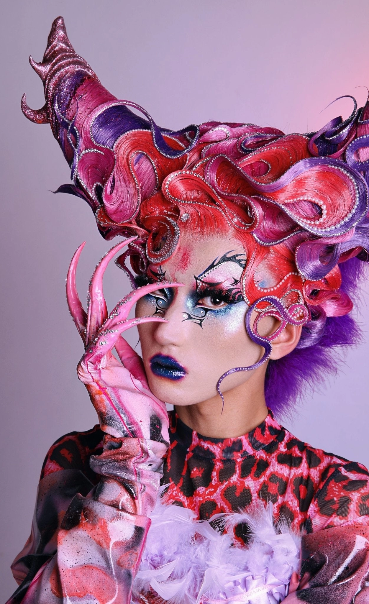 Venus - Coral-orange Pink Purple Ombre With Silver Tinsel Synthetic Lace Front Wig