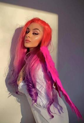 Venus - Coral-orange Pink Purple Ombre With Silver Tinsel Synthetic Lace Front Wig