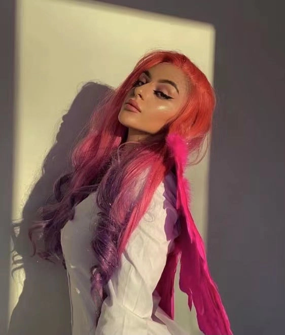 Venus - Coral-orange Pink Purple Ombre With Silver Tinsel Synthetic Lace Front Wig