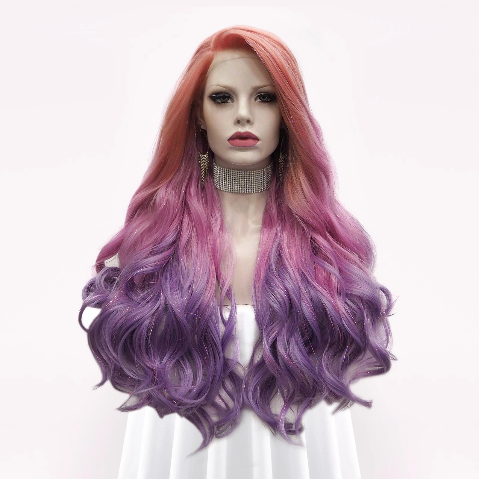 Venus - Coral-orange Pink Purple Ombre With Silver Tinsel Synthetic Lace Front Wig