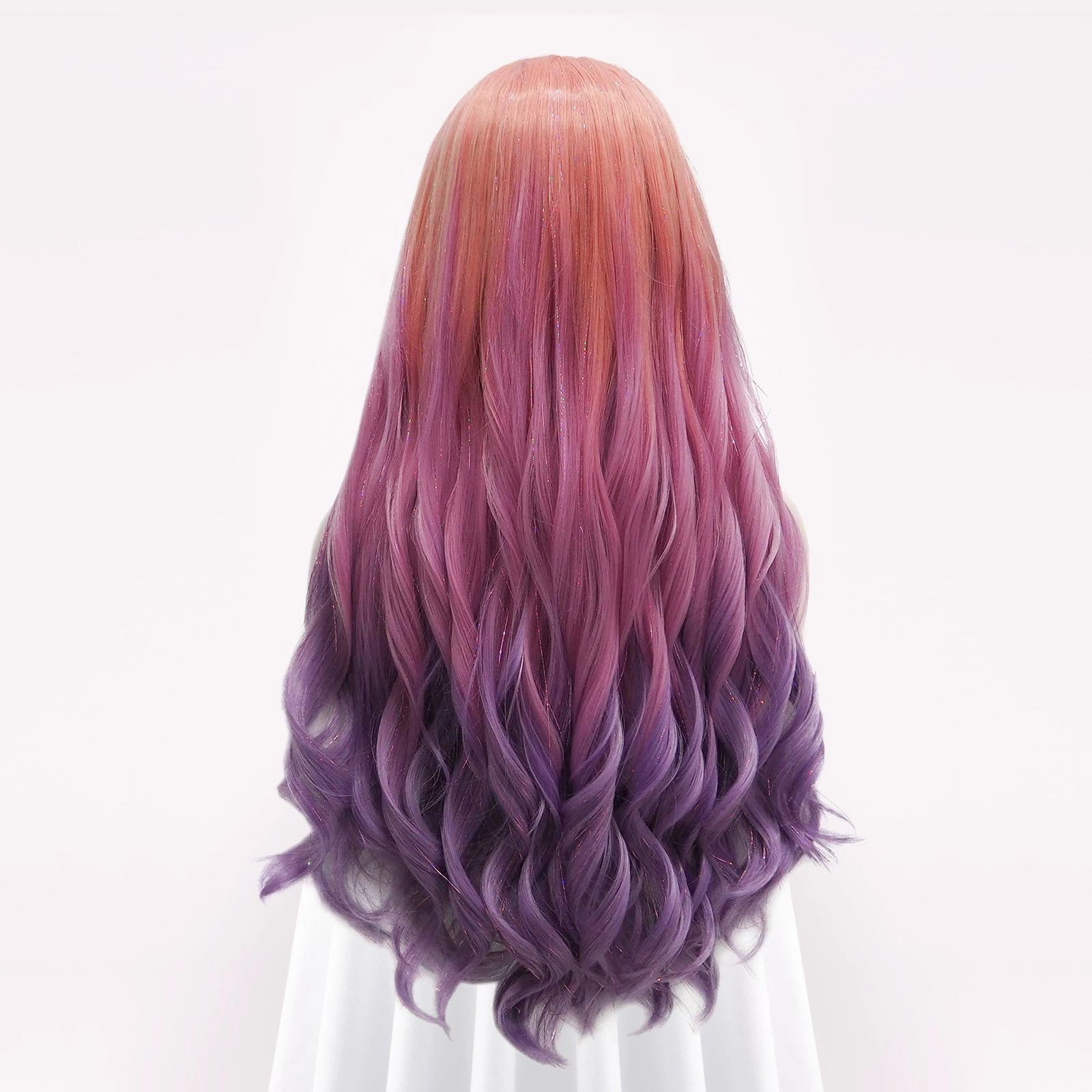 Venus - Coral-orange Pink Purple Ombre With Silver Tinsel Synthetic Lace Front Wig