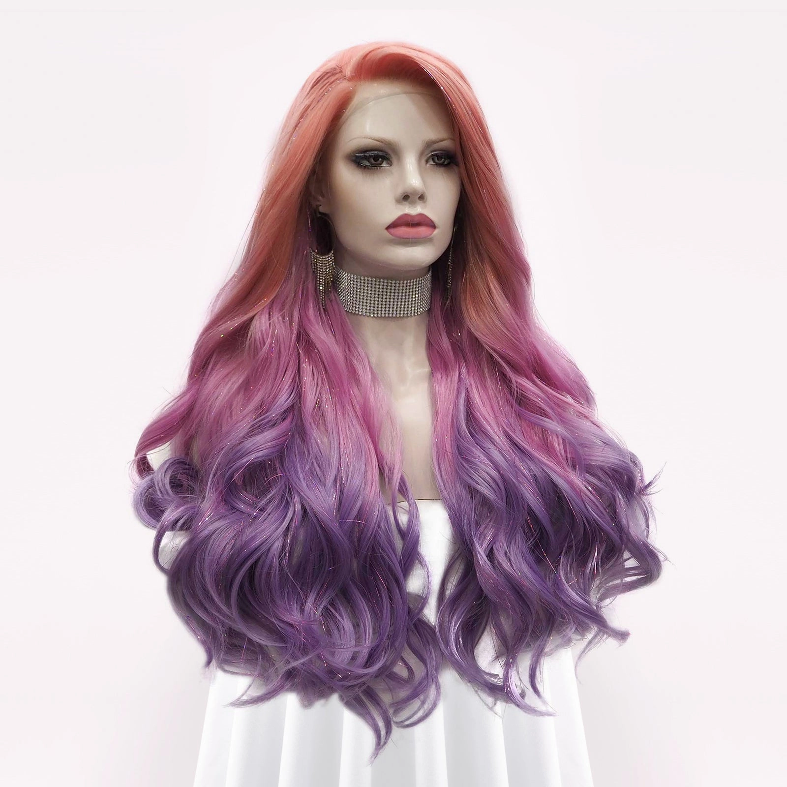 Venus - Coral-orange Pink Purple Ombre With Silver Tinsel Synthetic Lace Front Wig