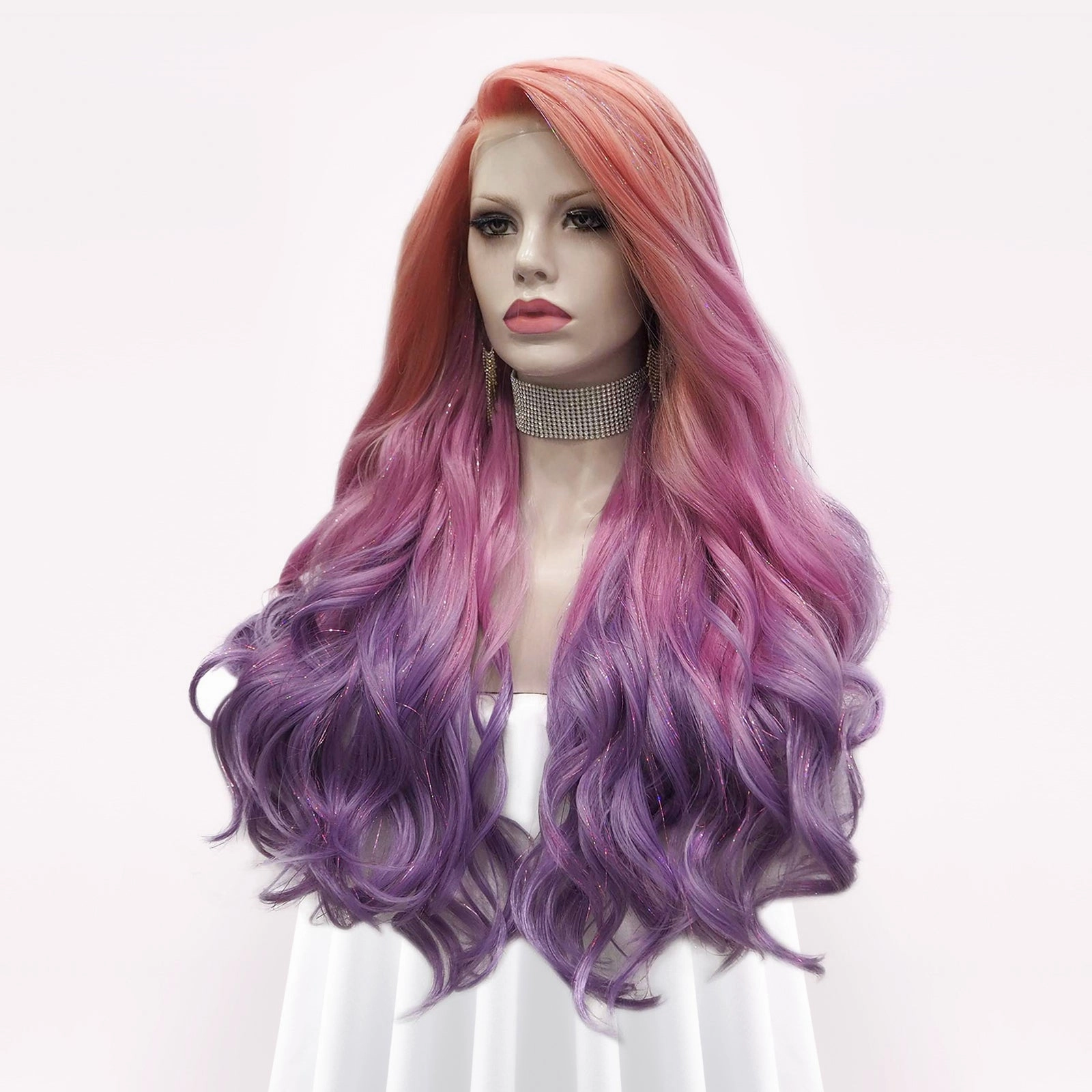 Venus - Coral-orange Pink Purple Ombre With Silver Tinsel Synthetic Lace Front Wig
