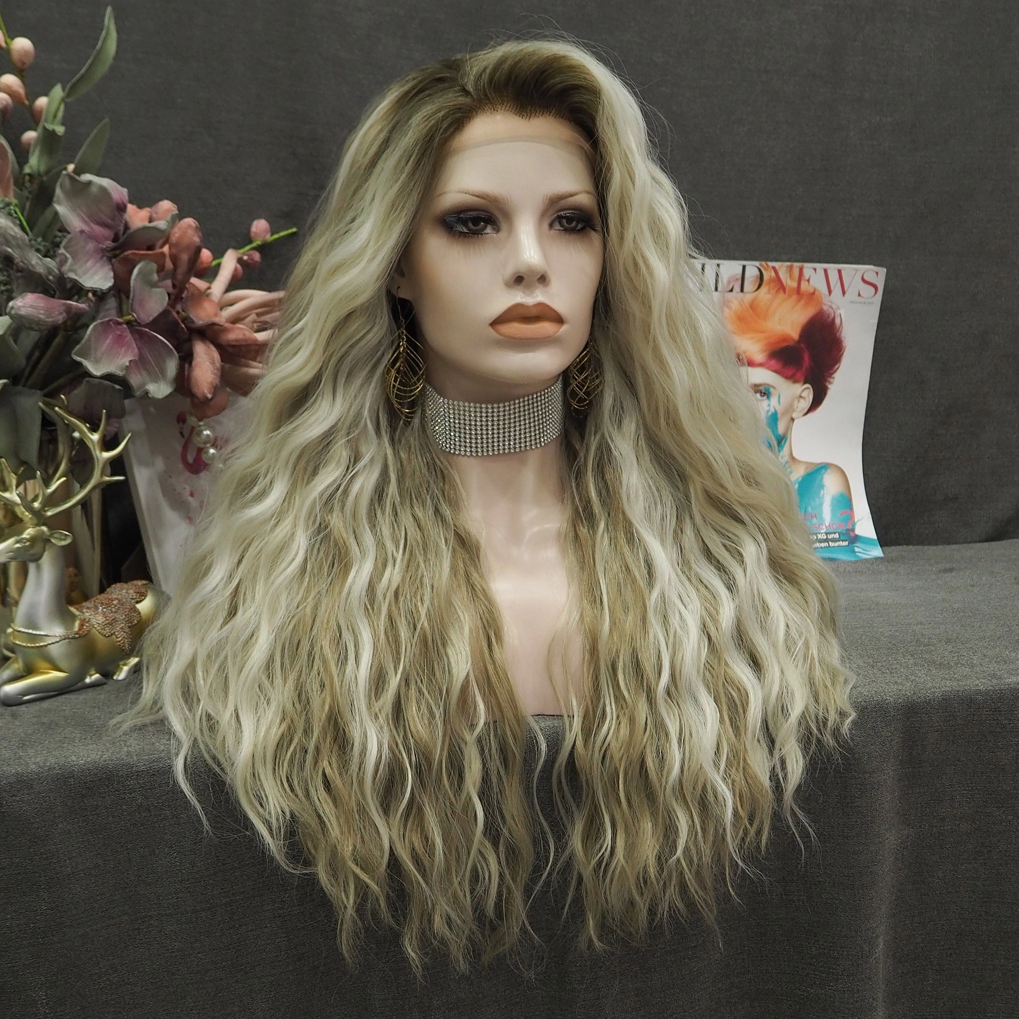 Vivi Blonde Brown Highlights Curly Long Synthetic Lace Front Wig