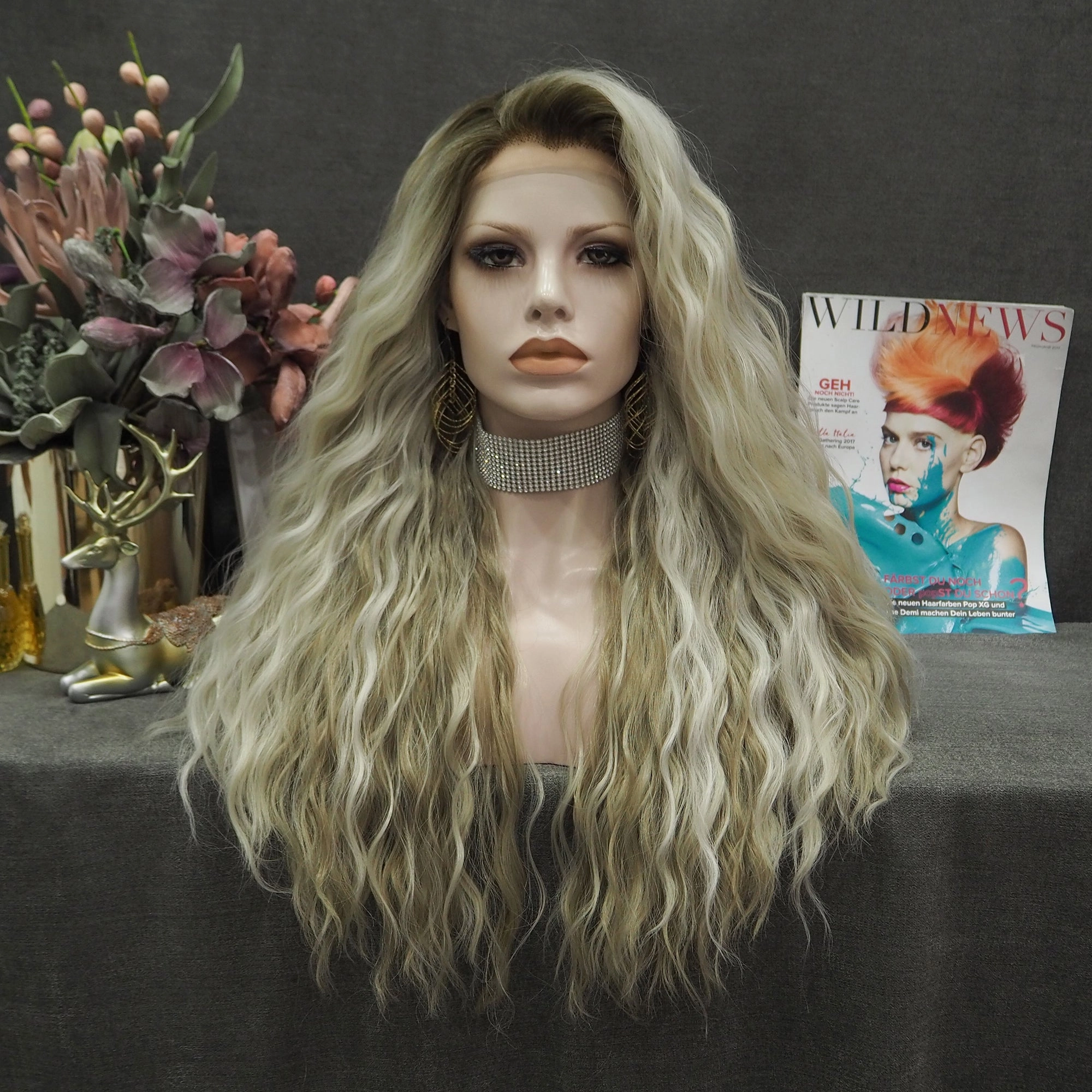 Vivi Blonde Brown Highlights Curly Long Synthetic Lace Front Wig