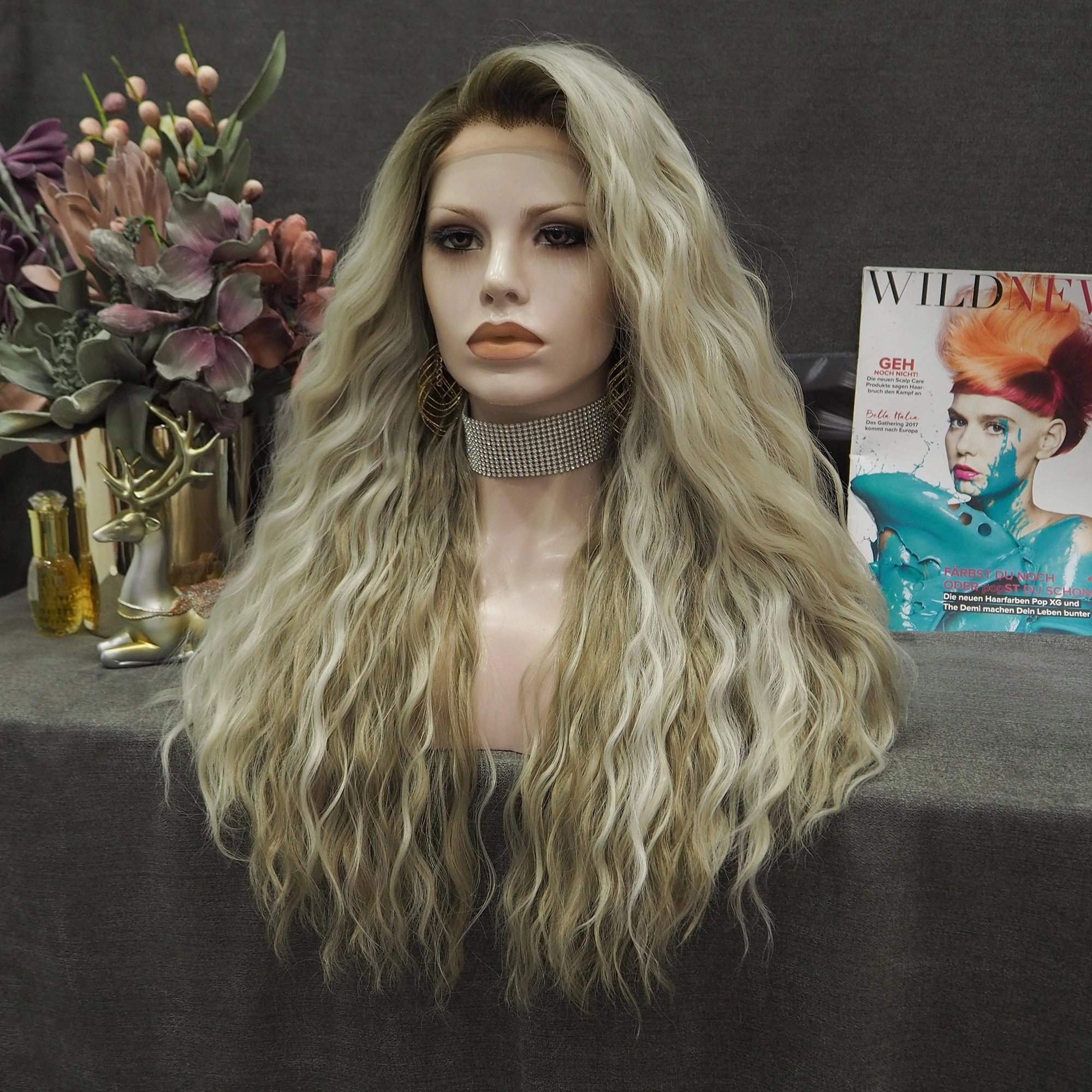 Vivi Blonde Brown Highlights Curly Long Synthetic Lace Front Wig